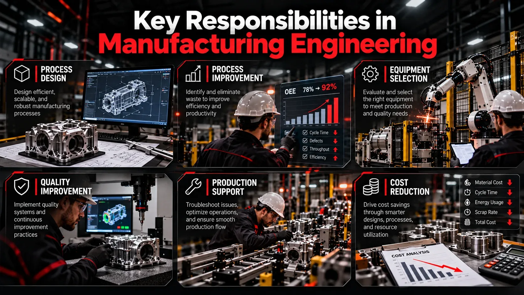 Key manufacturing engineering responsibilities including process design improvement equipment selection quality production support and cost reduction