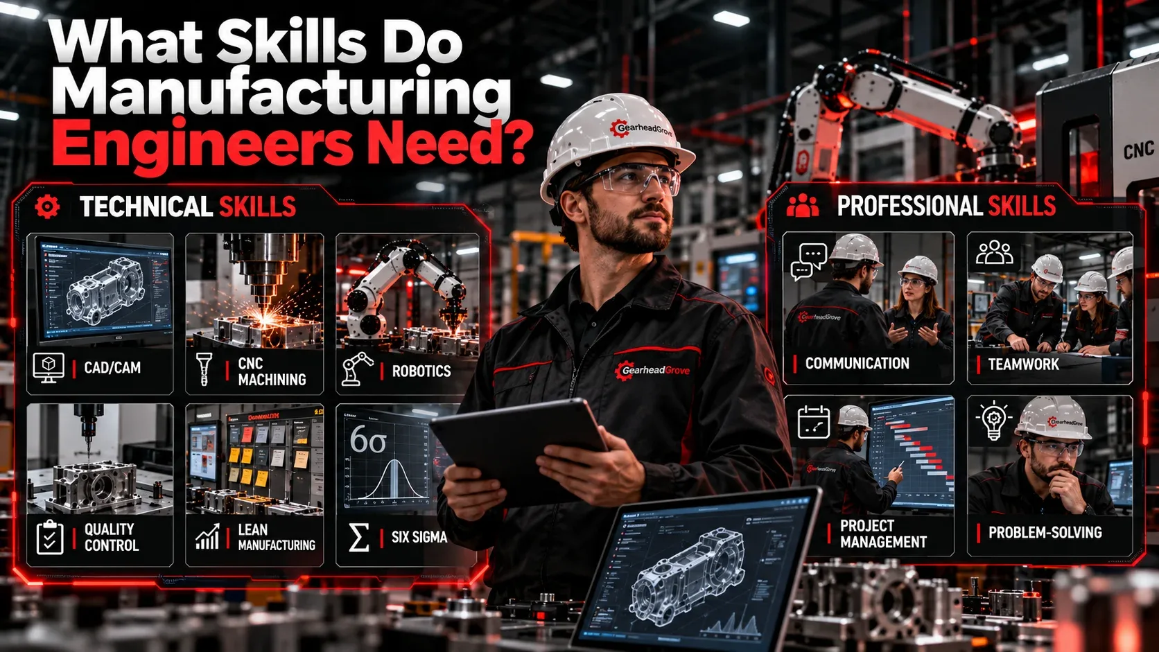 Manufacturing engineer technical and professional skills including CAD CAM CNC robotics quality lean manufacturing communication and problem solving