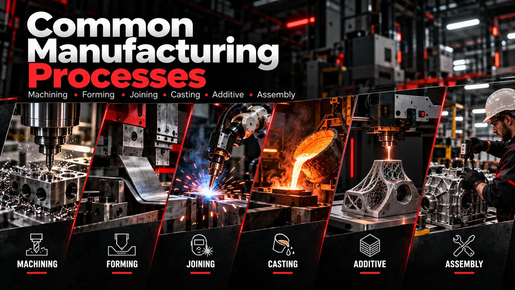 Common manufacturing processes including machining forming joining casting additive manufacturing and assembly
