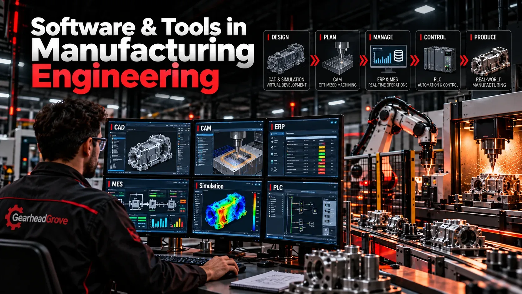 Manufacturing engineering software and tools including CAD CAM ERP MES simulation and PLC systems