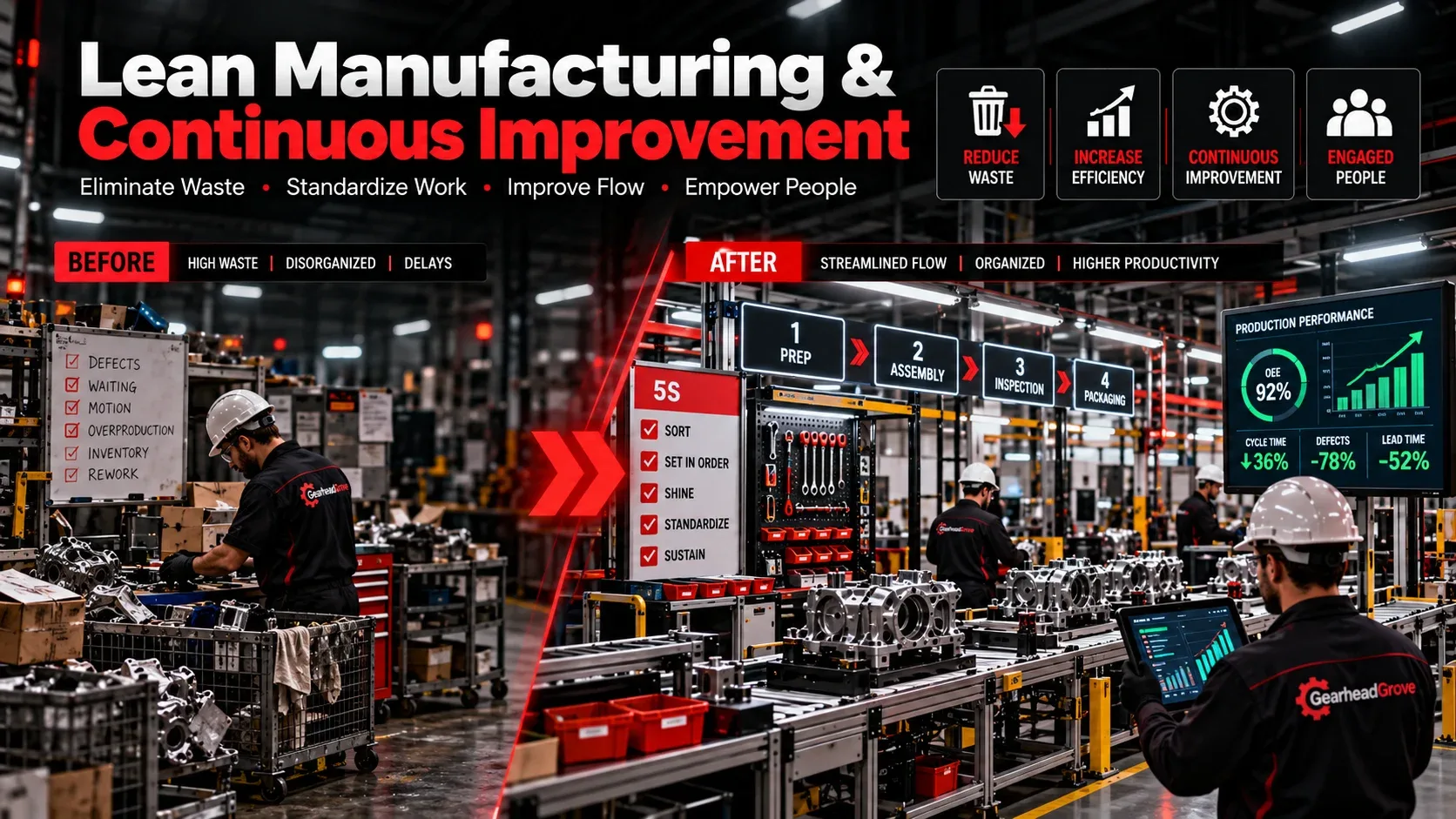 Lean manufacturing before and after process improvement showing reduced waste organized flow and higher productivity