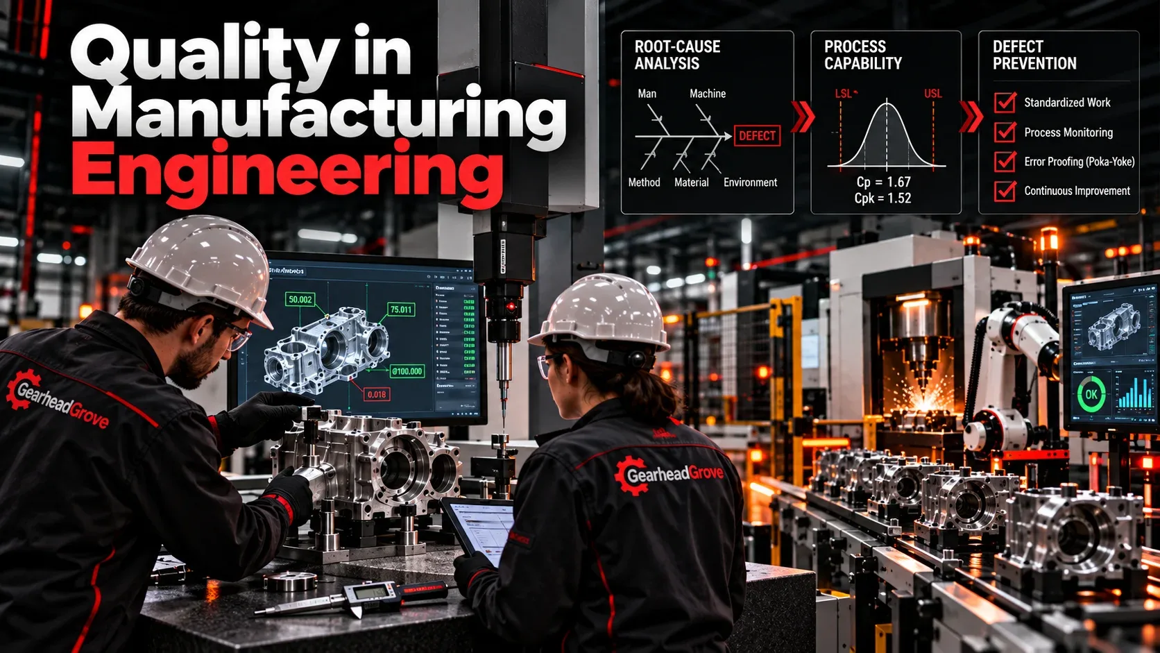 Quality in manufacturing engineering showing inspection root cause analysis process capability and defect prevention