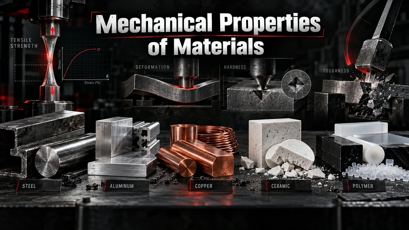 Mechanical properties of materials showing steel aluminum copper ceramic and polymer with strength hardness toughness and deformation testing