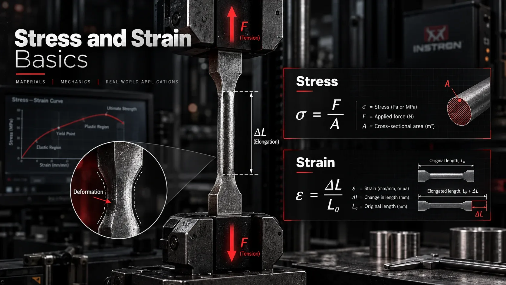 Stress and strain basics showing tensile specimen force cross-sectional area elongation and engineering formulas
