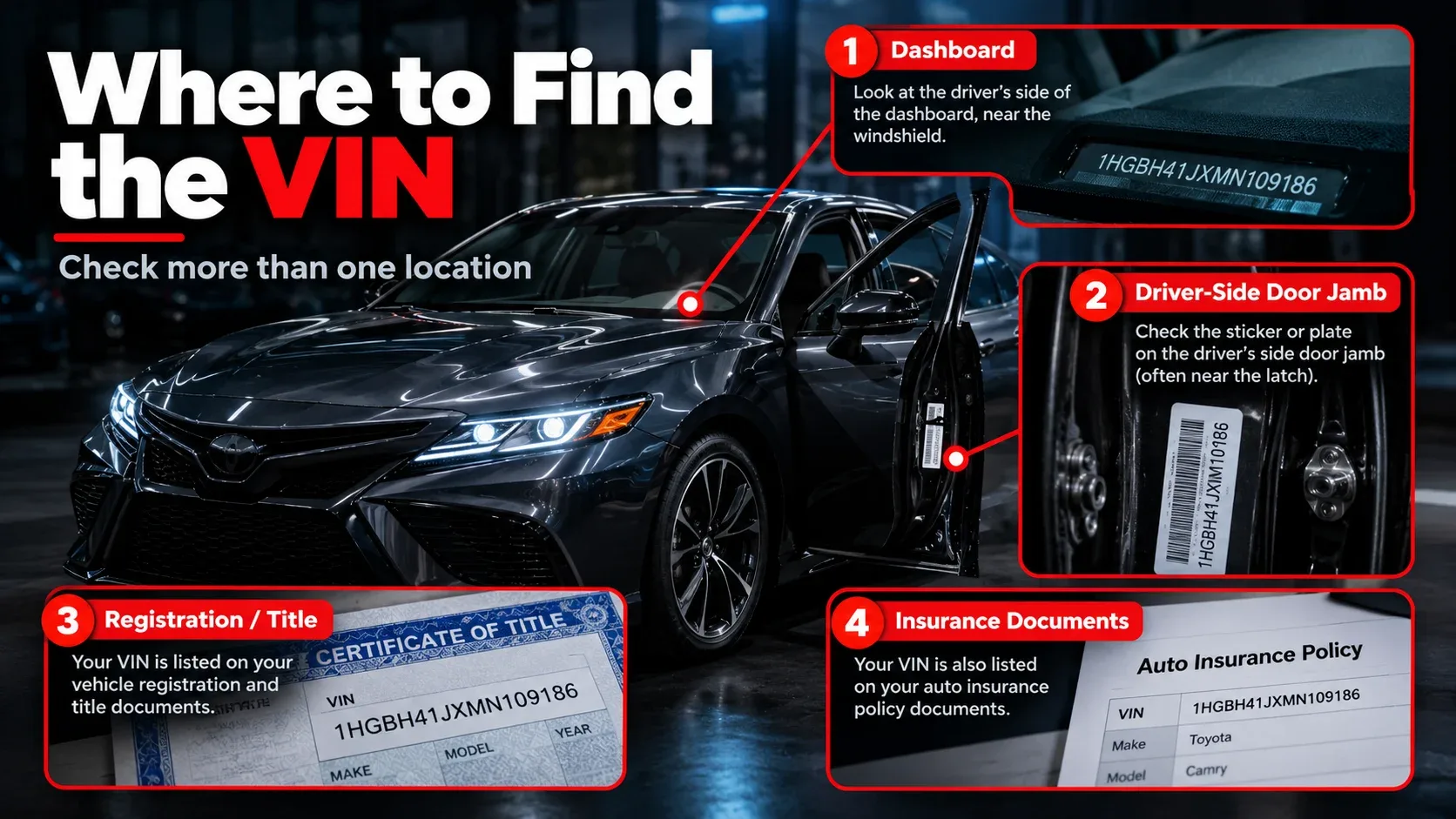 Where to find a vehicle VIN including dashboard door jamb title and insurance documents