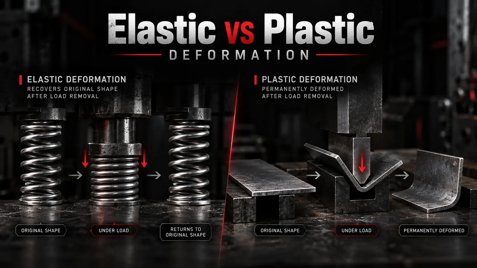 Elastic versus plastic deformation showing spring recovery and permanently bent metal