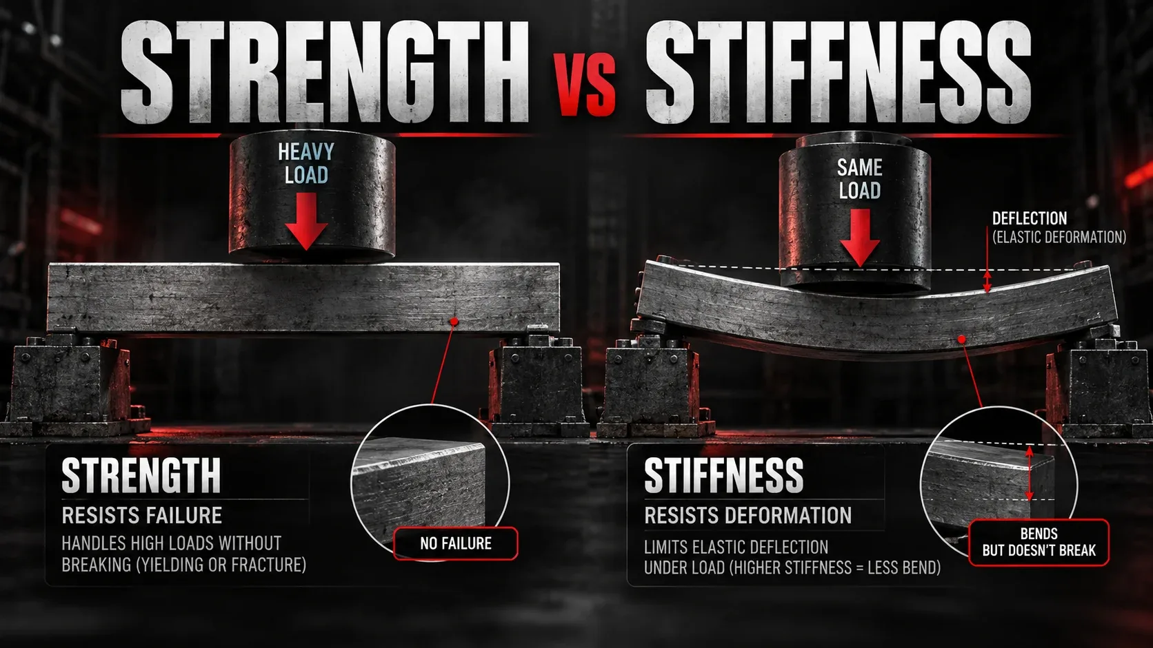 Strength versus stiffness comparison showing loaded steel beams and elastic deflection
