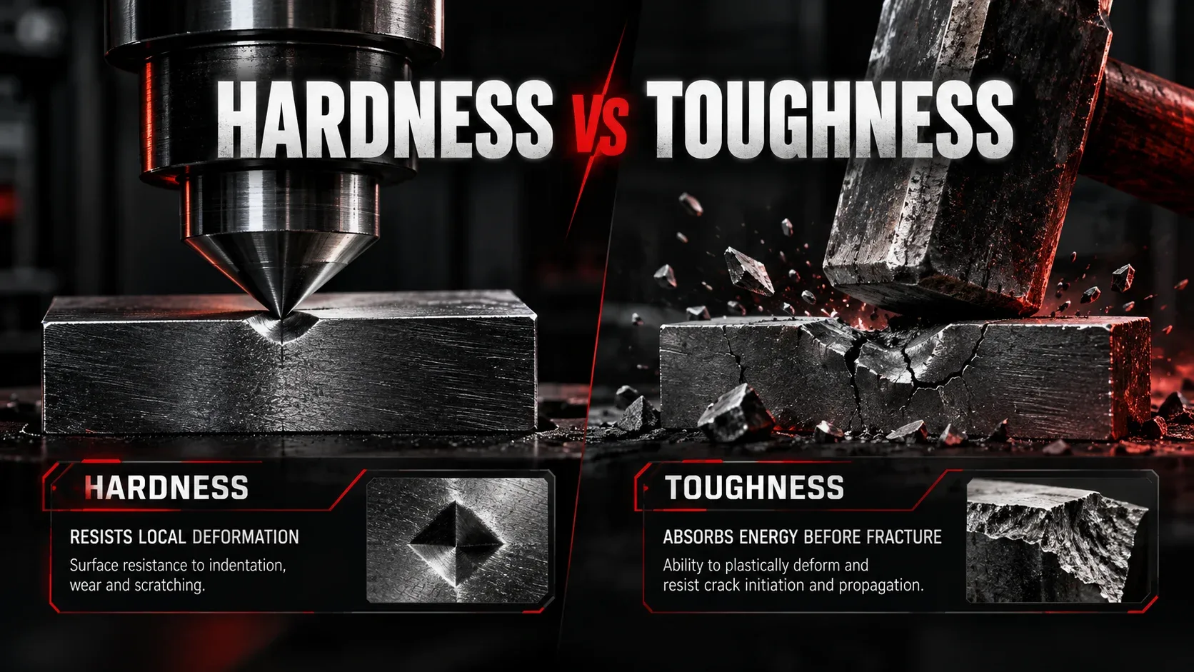 Hardness versus toughness showing indentation testing and impact fracture
