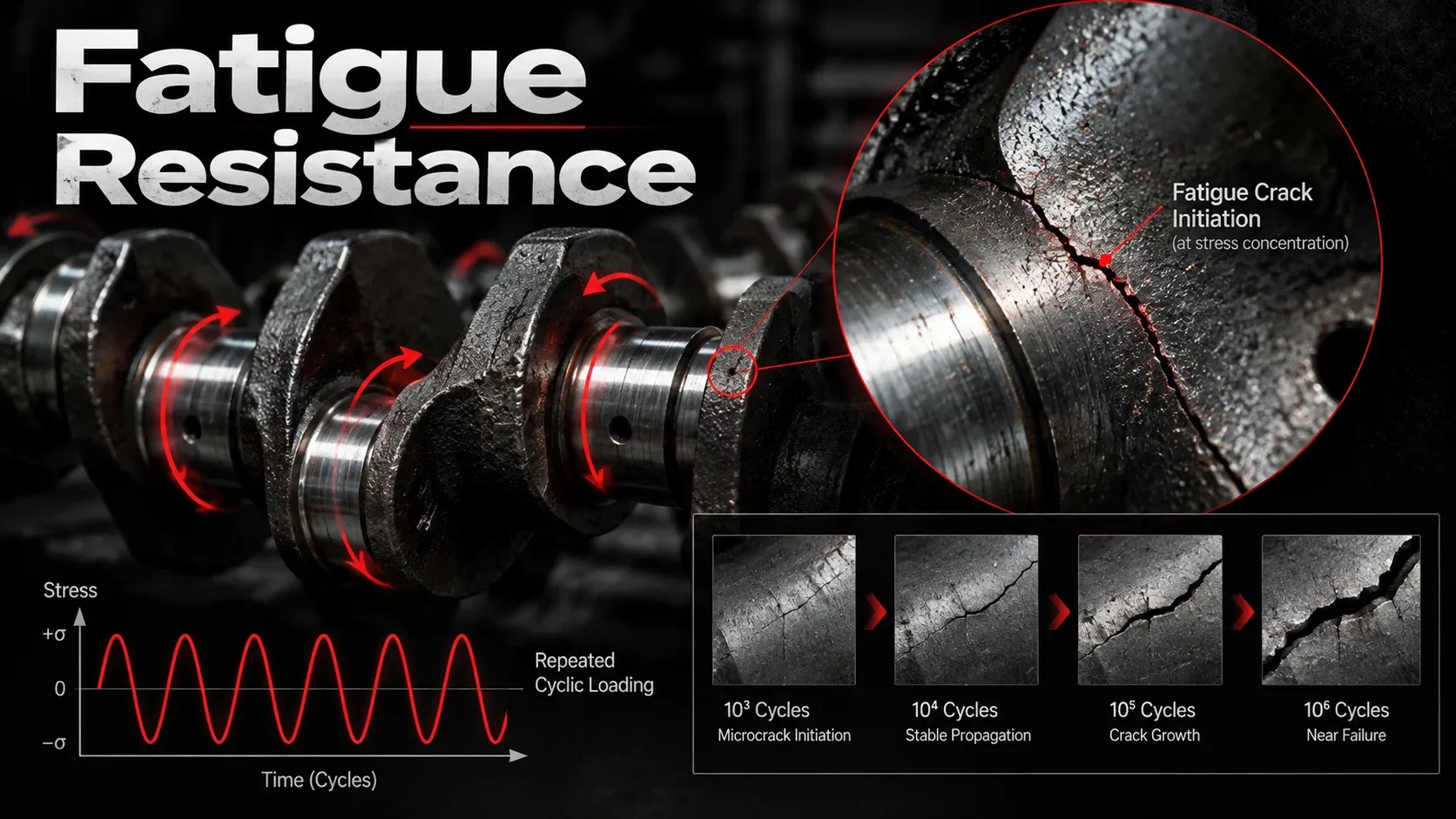 Fatigue resistance showing crankshaft cyclic loading crack initiation crack growth and near failure
