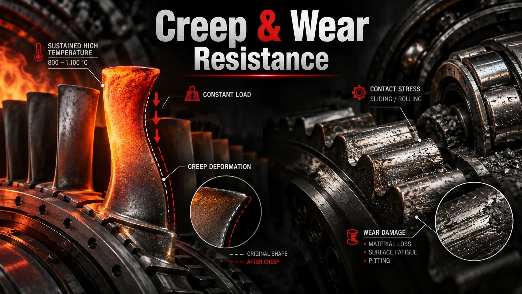 Creep and wear resistance showing high temperature turbine blade deformation and worn gear surface