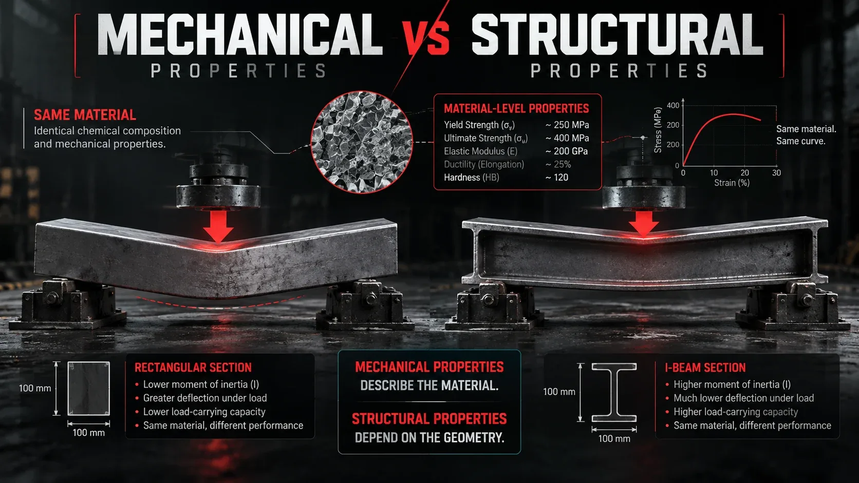 Mechanical versus structural properties comparison using same material with different beam geometries