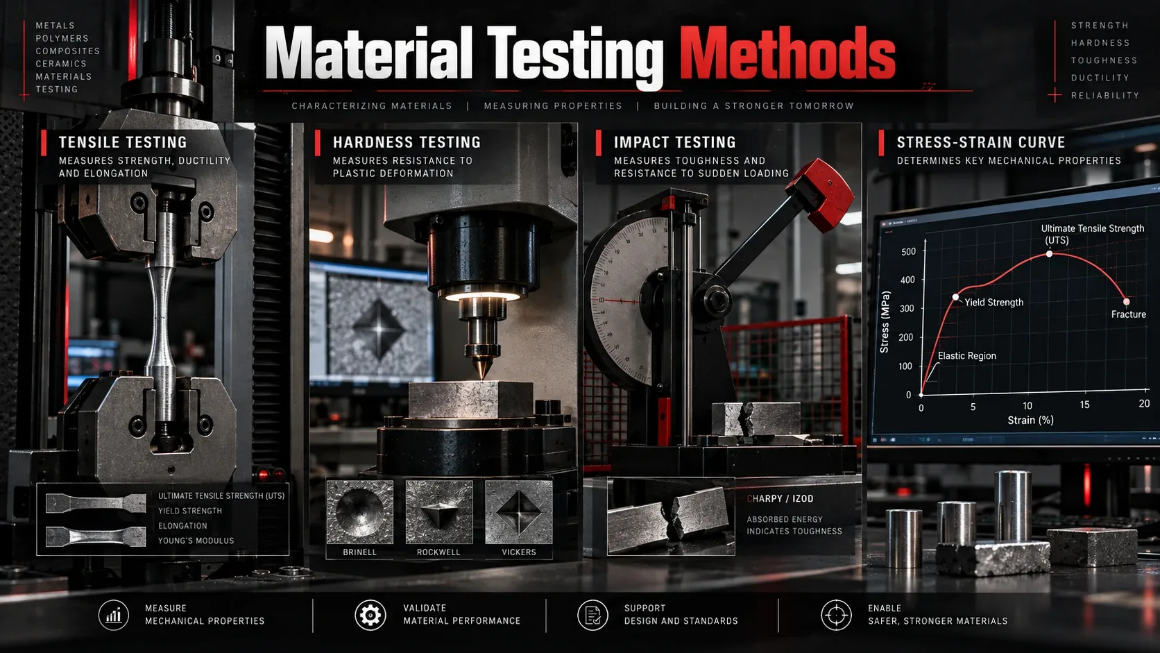Material testing methods including tensile testing hardness testing impact testing and stress strain curve analysis