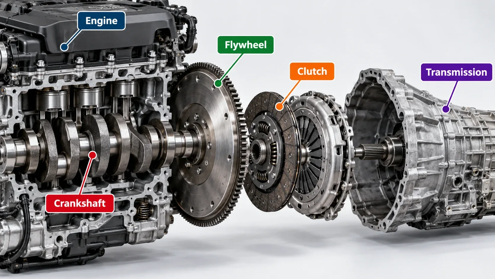Engine crankshaft flywheel clutch and transmission location