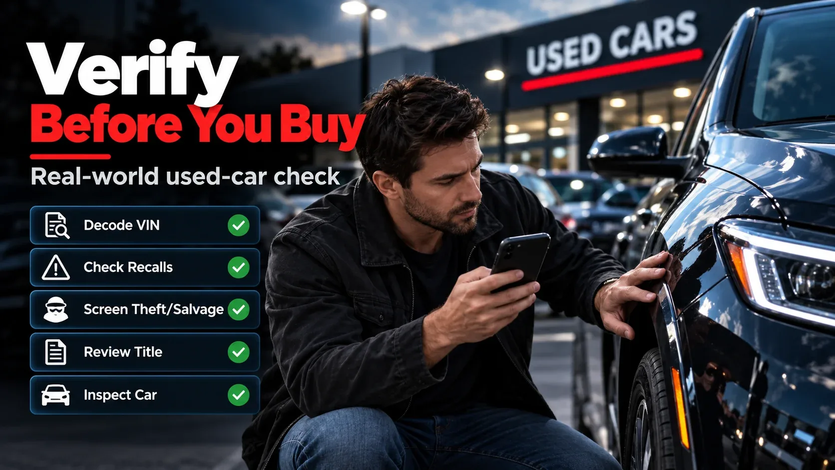 Used car verification before buying including VIN recalls title and physical inspection