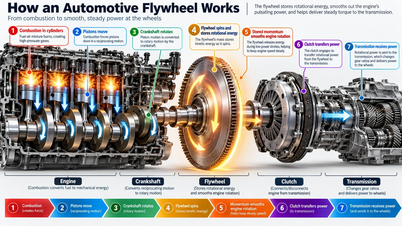 How a flywheel stores and transfers rotational energy