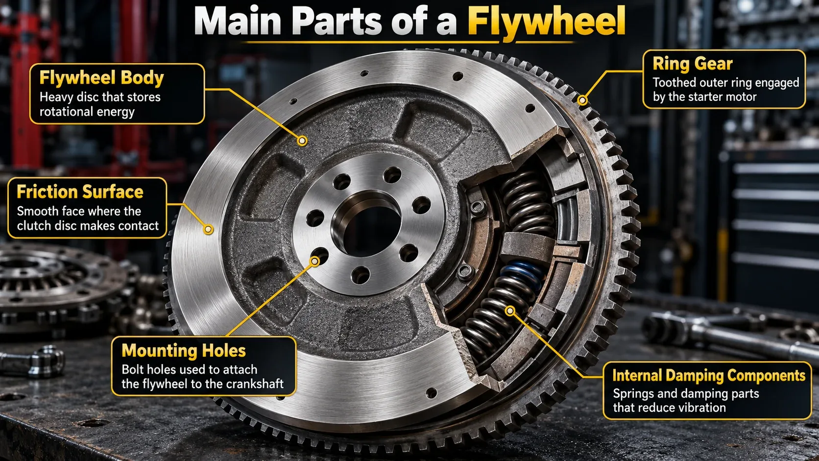 Main parts of an automotive flywheel
