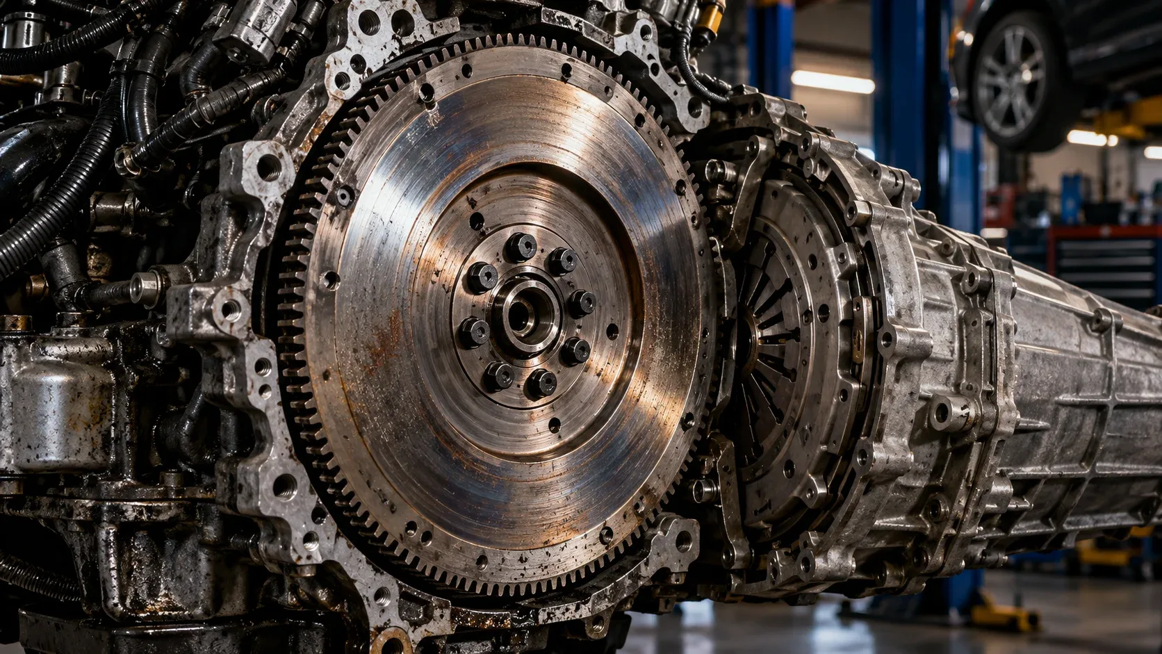 Automotive flywheel installed between engine and transmission