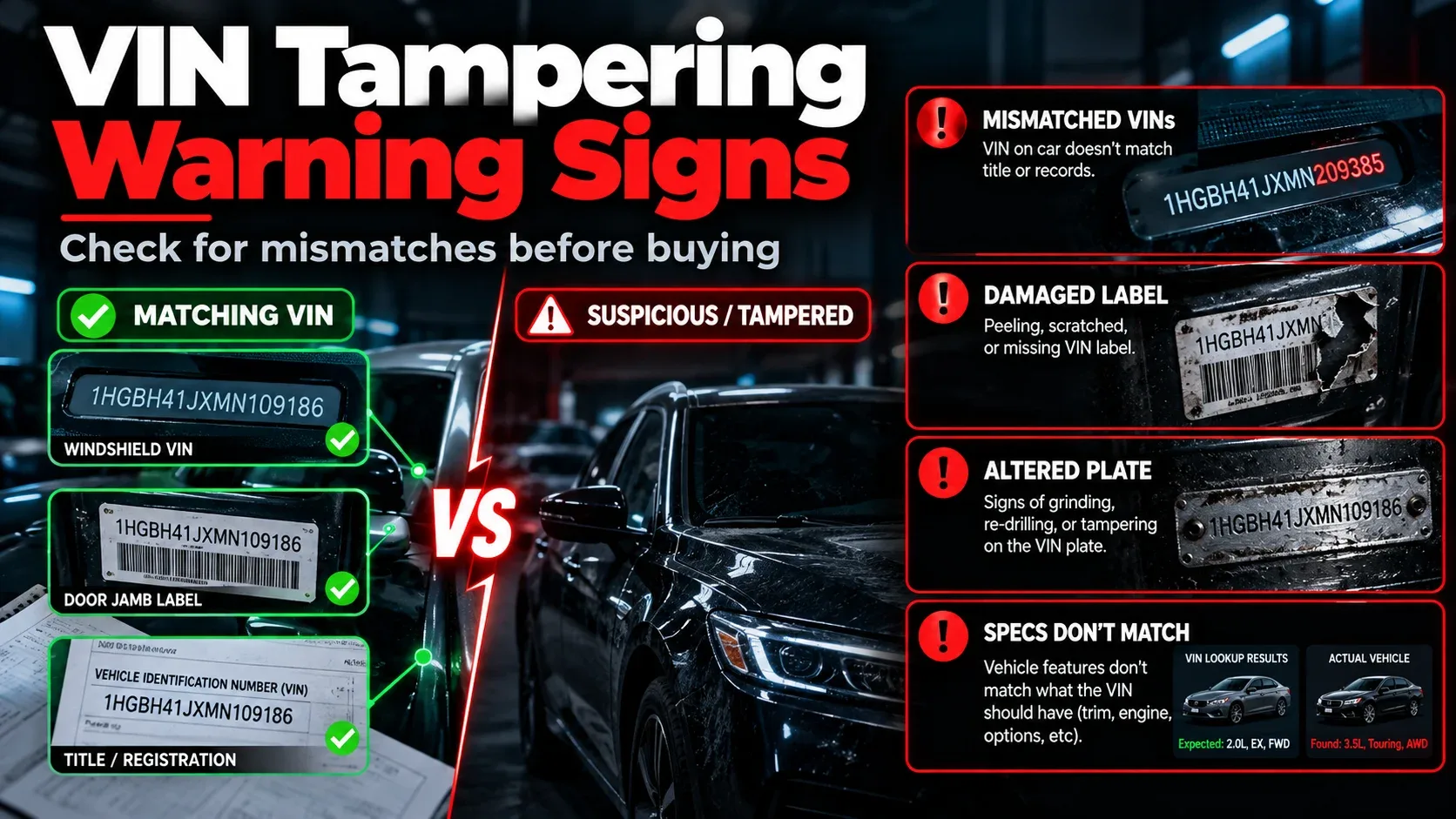 VIN tampering warning signs including mismatched VINs damaged labels and altered plates