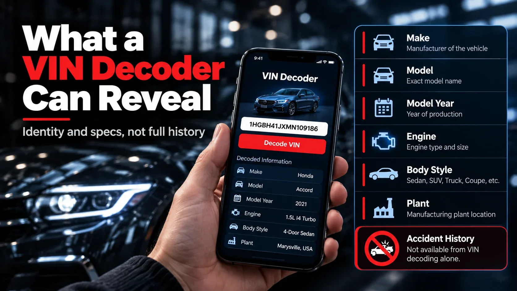 What a VIN decoder can reveal including make model year engine body style and plant
