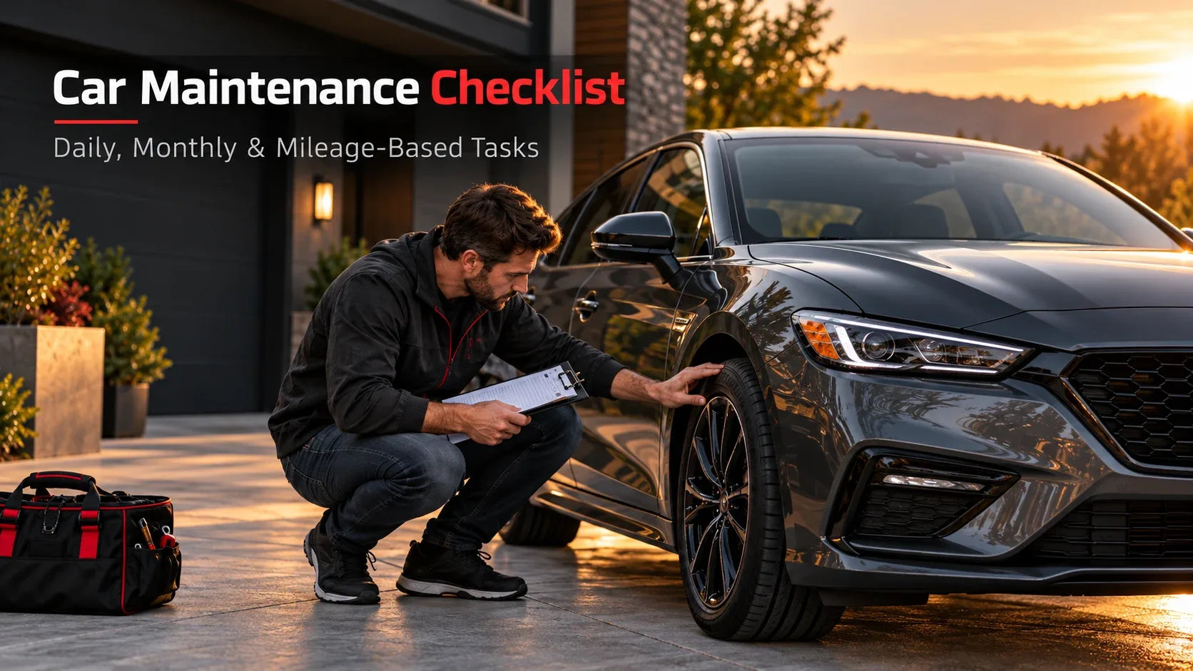 Car maintenance checklist: mechanic inspecting a vehicle tire outside a home