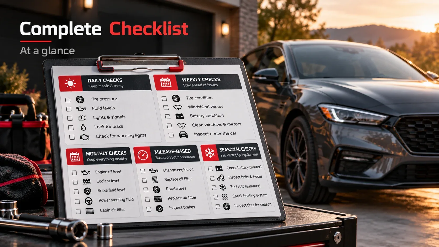 Complete car maintenance checklist showing daily weekly monthly and mileage-based tasks
