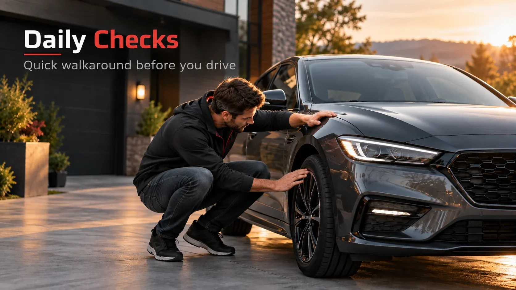 Daily vehicle checks: driver inspecting tire condition before driving
