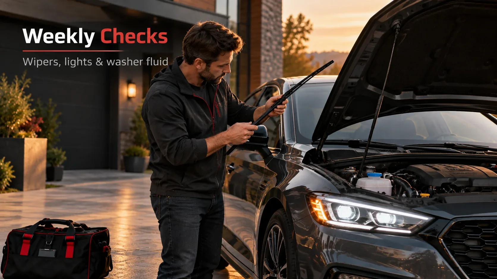 Weekly car checks: inspecting windshield wipers lights and washer fluid