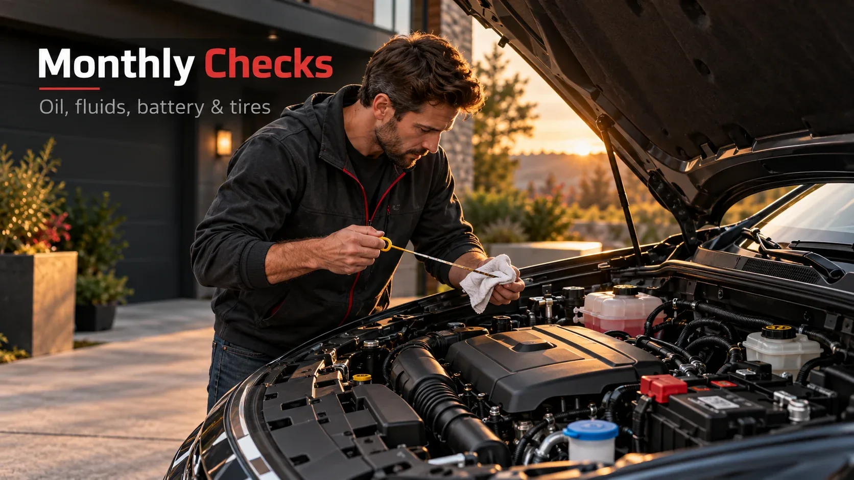 Monthly car checks: measuring engine oil and inspecting fluids and battery
