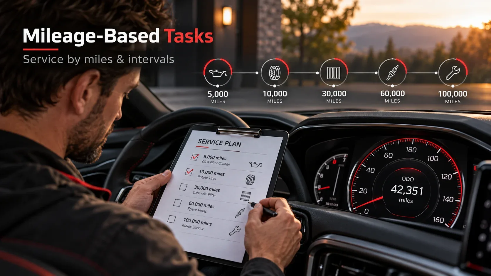 Mileage-based maintenance timeline with example 5000 to 100000 mile checkpoints