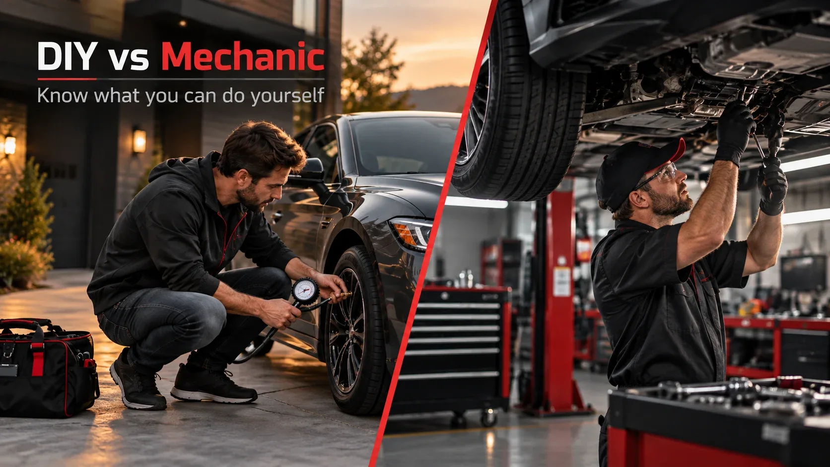 DIY tire inspection versus professional mechanic servicing a vehicle