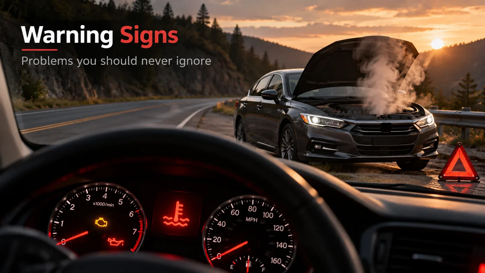 Car warning signs including overheating and critical dashboard warning lights