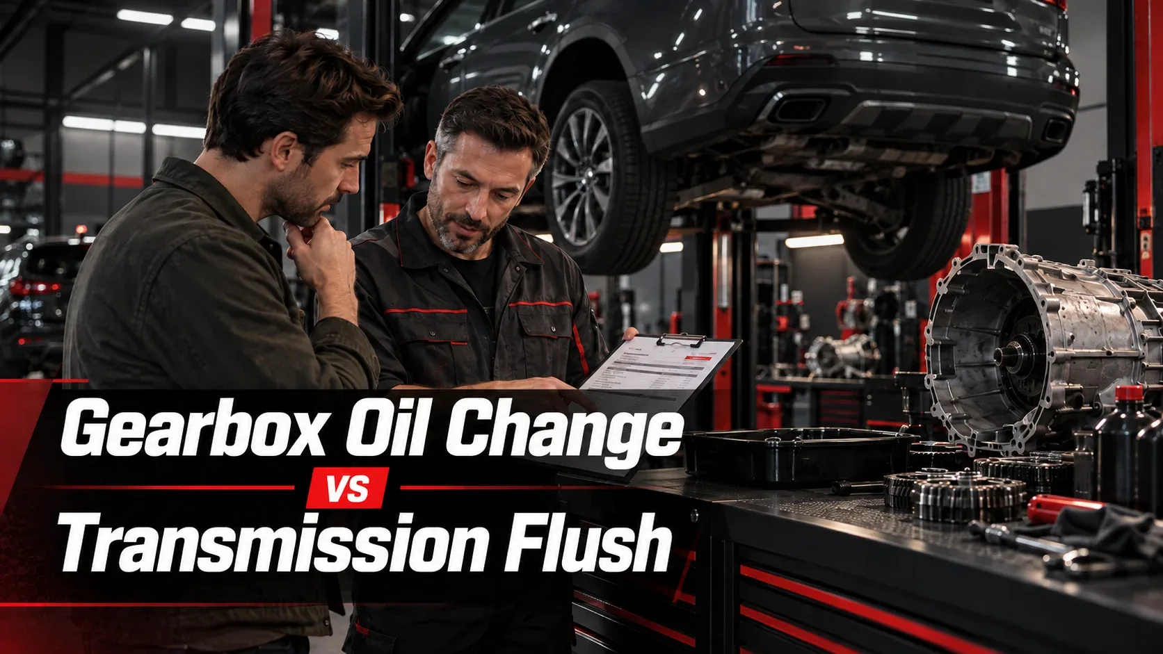 Mechanic discussing gearbox oil change versus transmission flush with a car owner