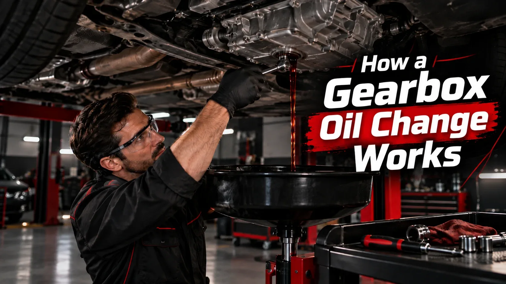 Mechanic draining old gearbox oil into a collection pan