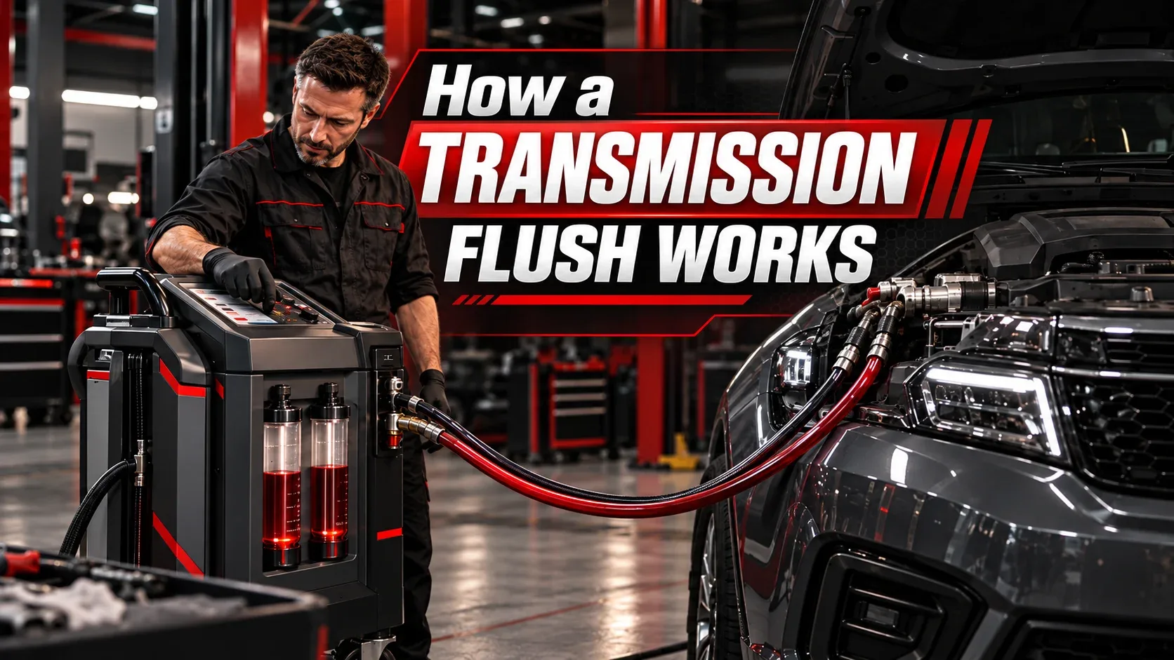 Mechanic operating a transmission fluid exchange machine connected to a vehicle