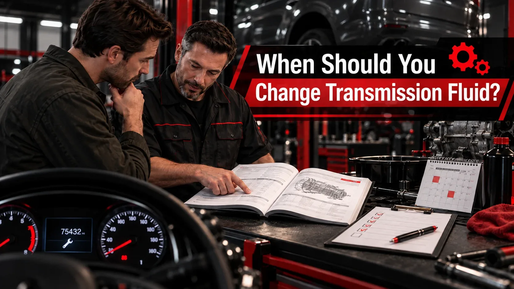 Mechanic reviewing vehicle mileage and transmission maintenance schedule