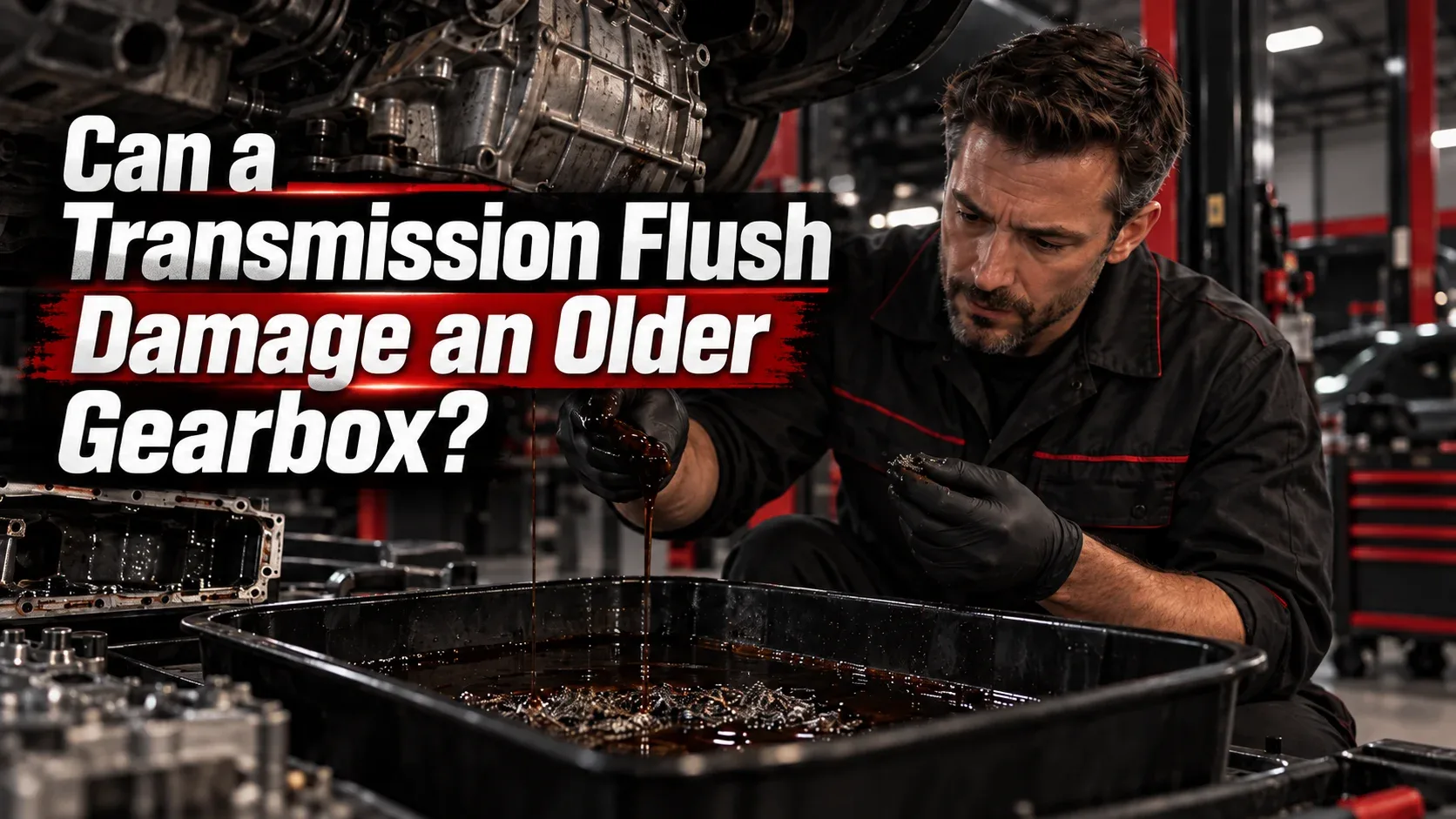 Mechanic checking dirty transmission fluid and metal particles from a high-mileage gearbox