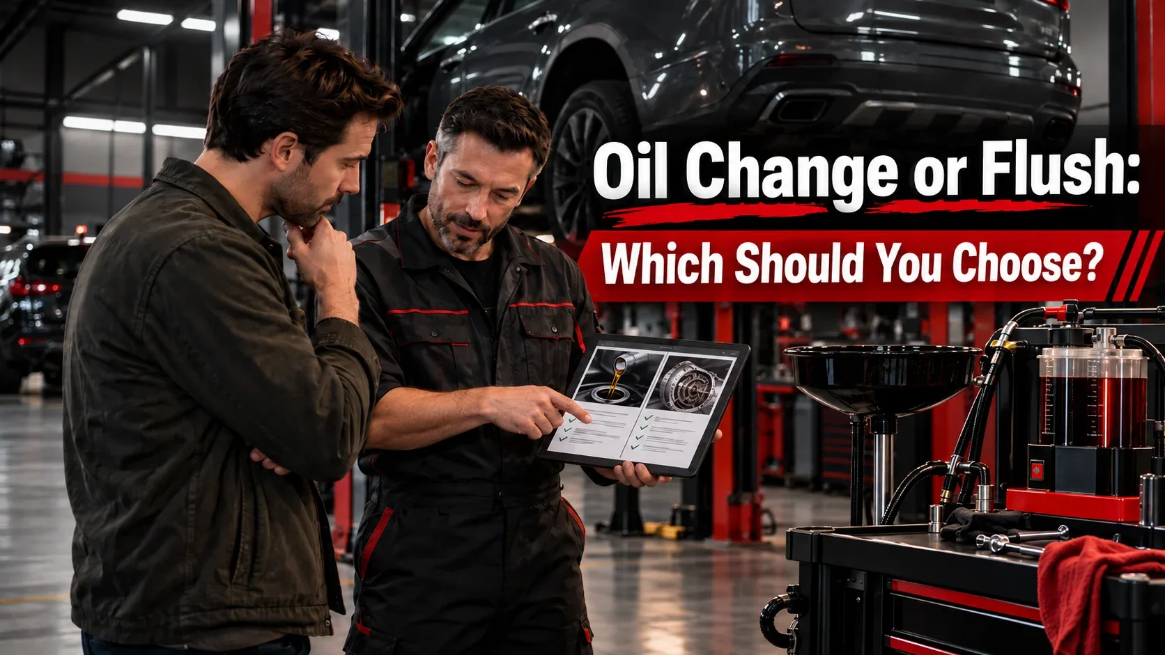 Mechanic explaining oil change versus flush options to a vehicle owner