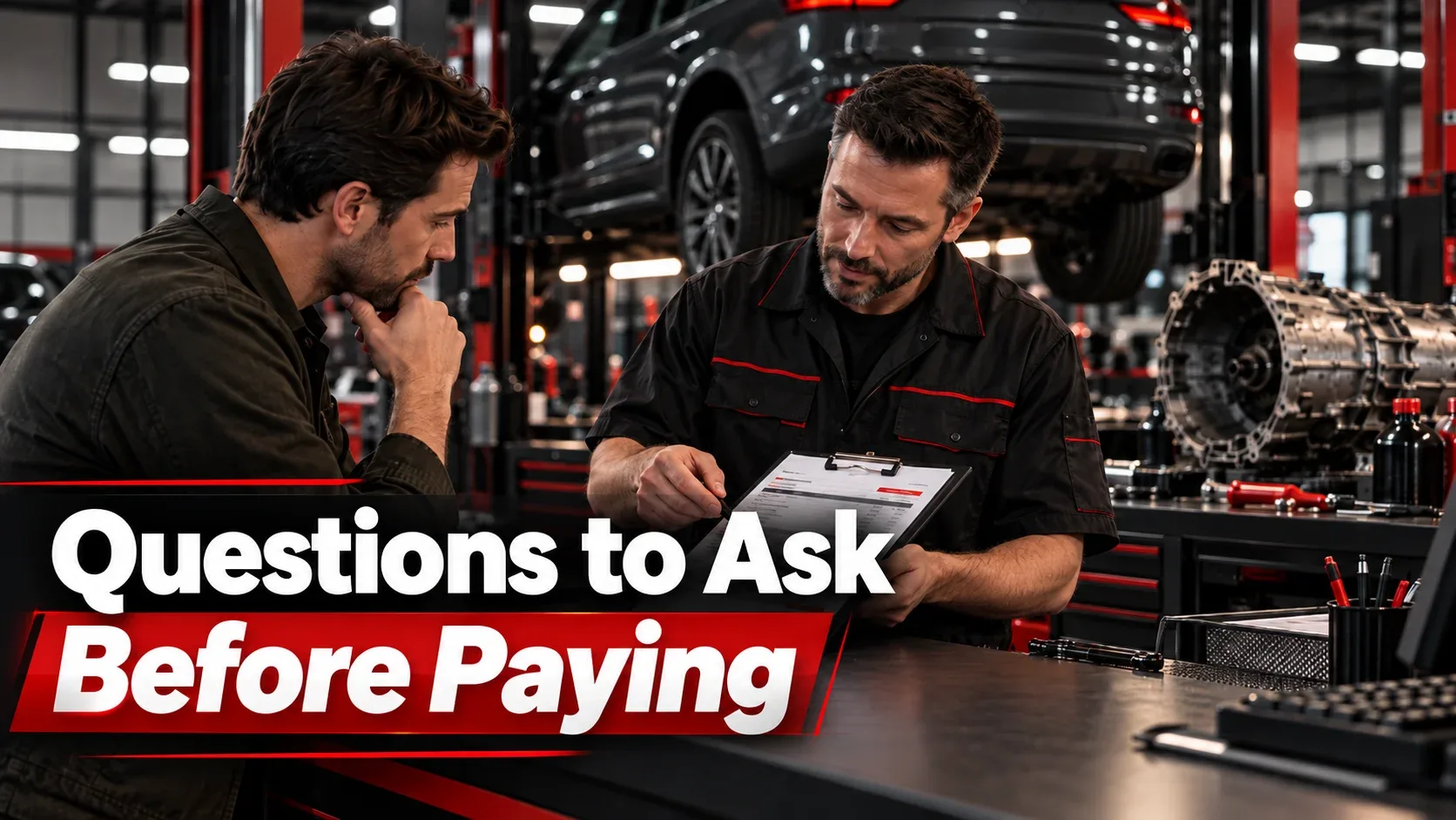 Customer reviewing transmission service estimate and questions with a mechanic