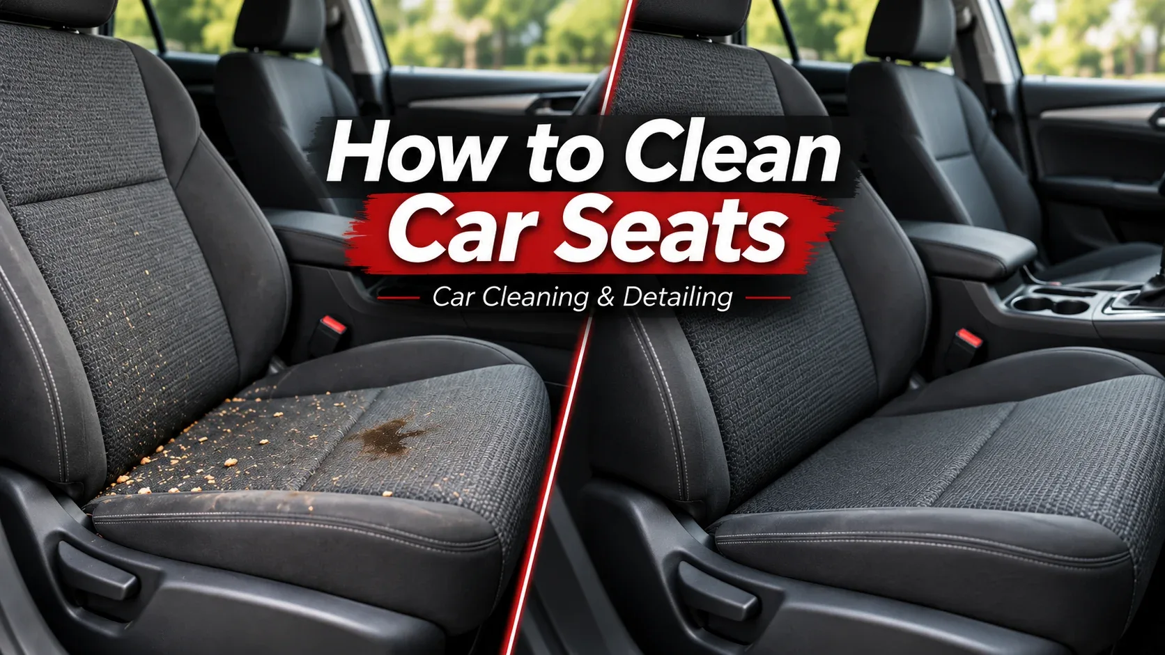 Before and after example showing dirty and cleaned car seats