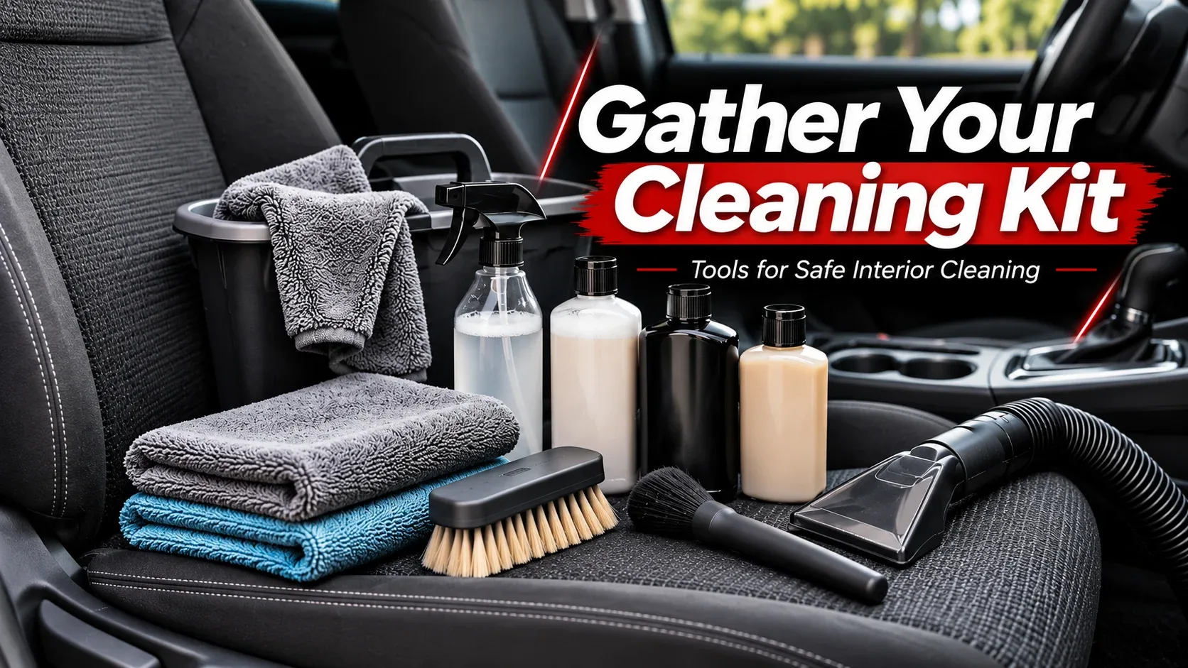 Car seat cleaning supplies including microfiber towels, brushes and vacuum attachments