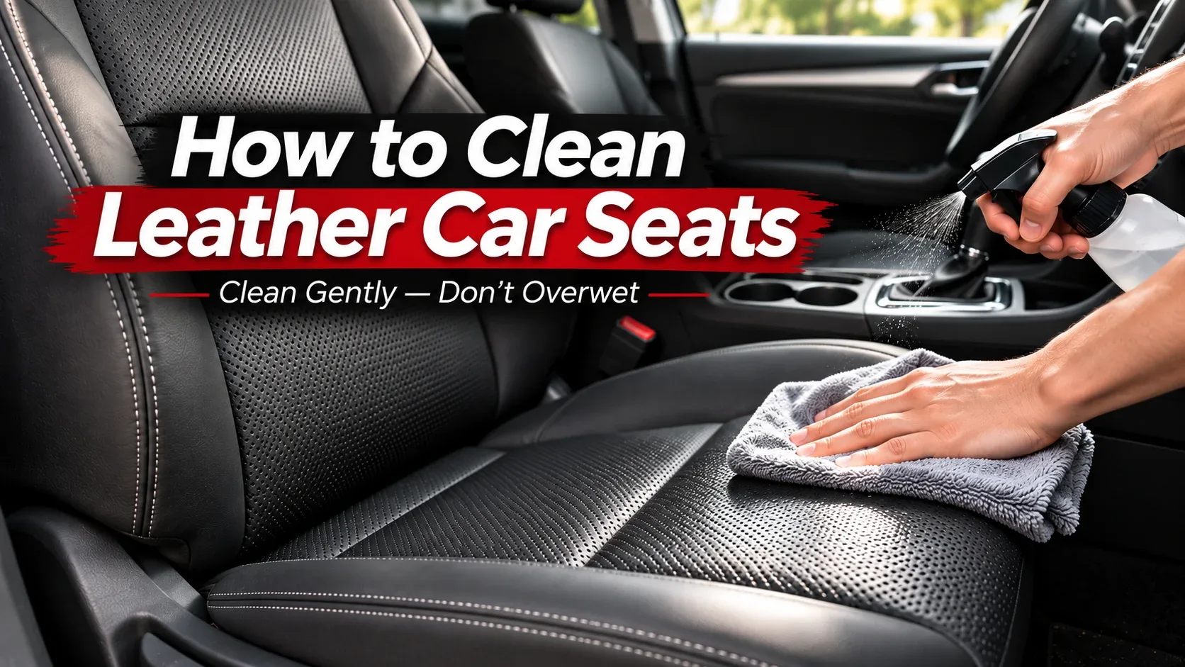 Cleaning a leather car seat gently with a microfiber cloth