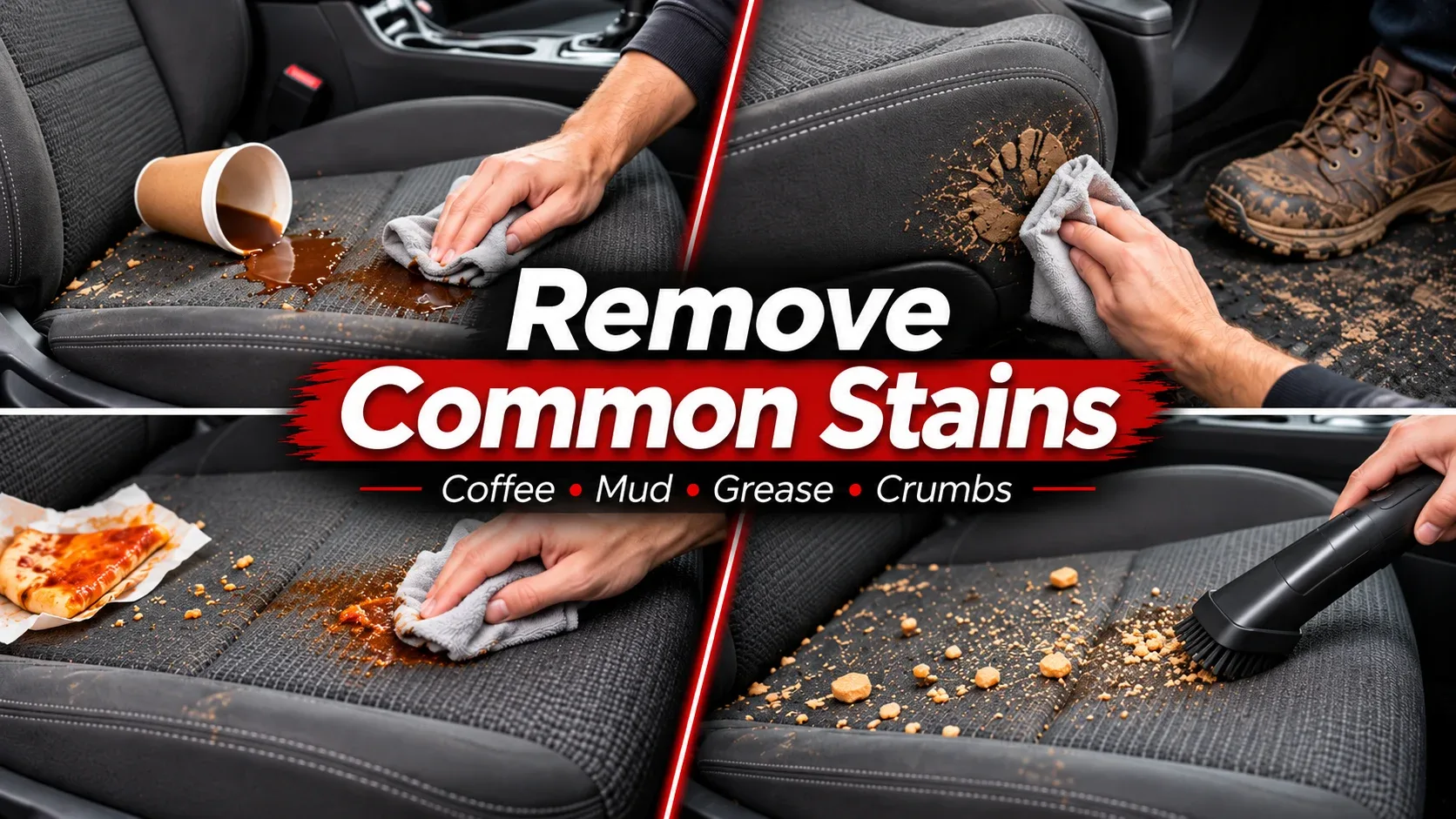 Examples of common car seat stains including coffee, food and mud
