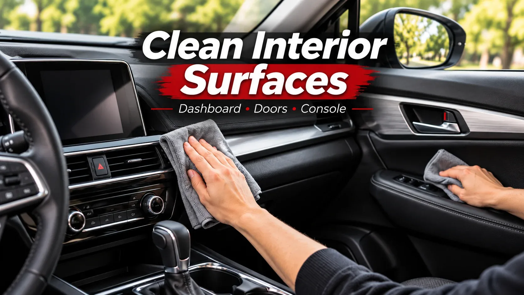 Cleaning dashboard and interior trim with a microfiber towel