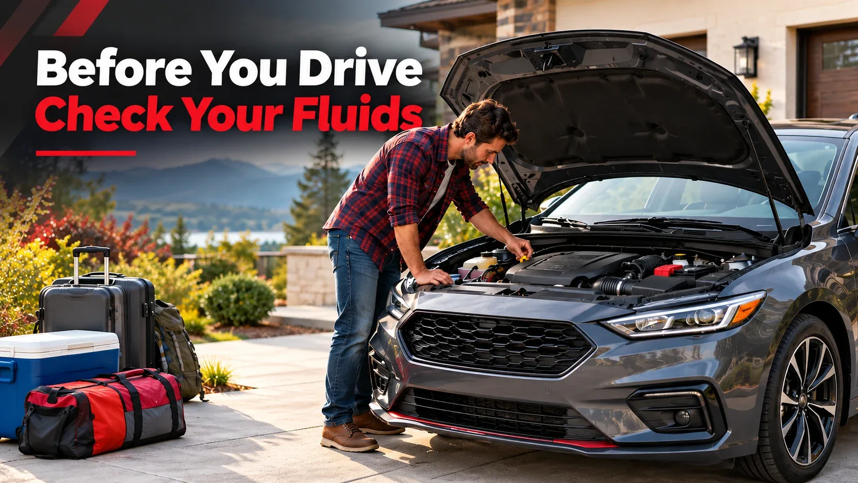 Driver checking car fluids before a road trip
