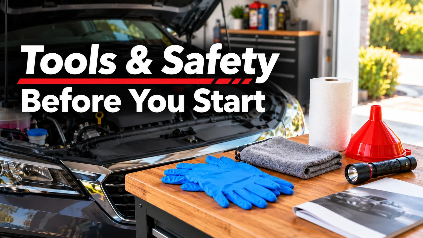 Tools and safety items needed before checking car fluid levels