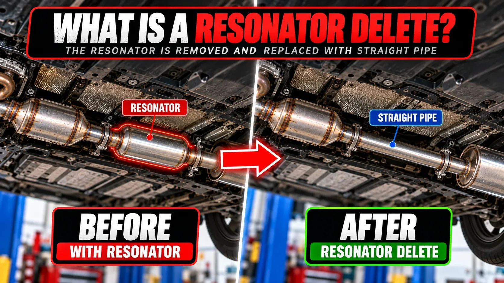 Resonator delete before and after showing resonator replaced with straight pipe