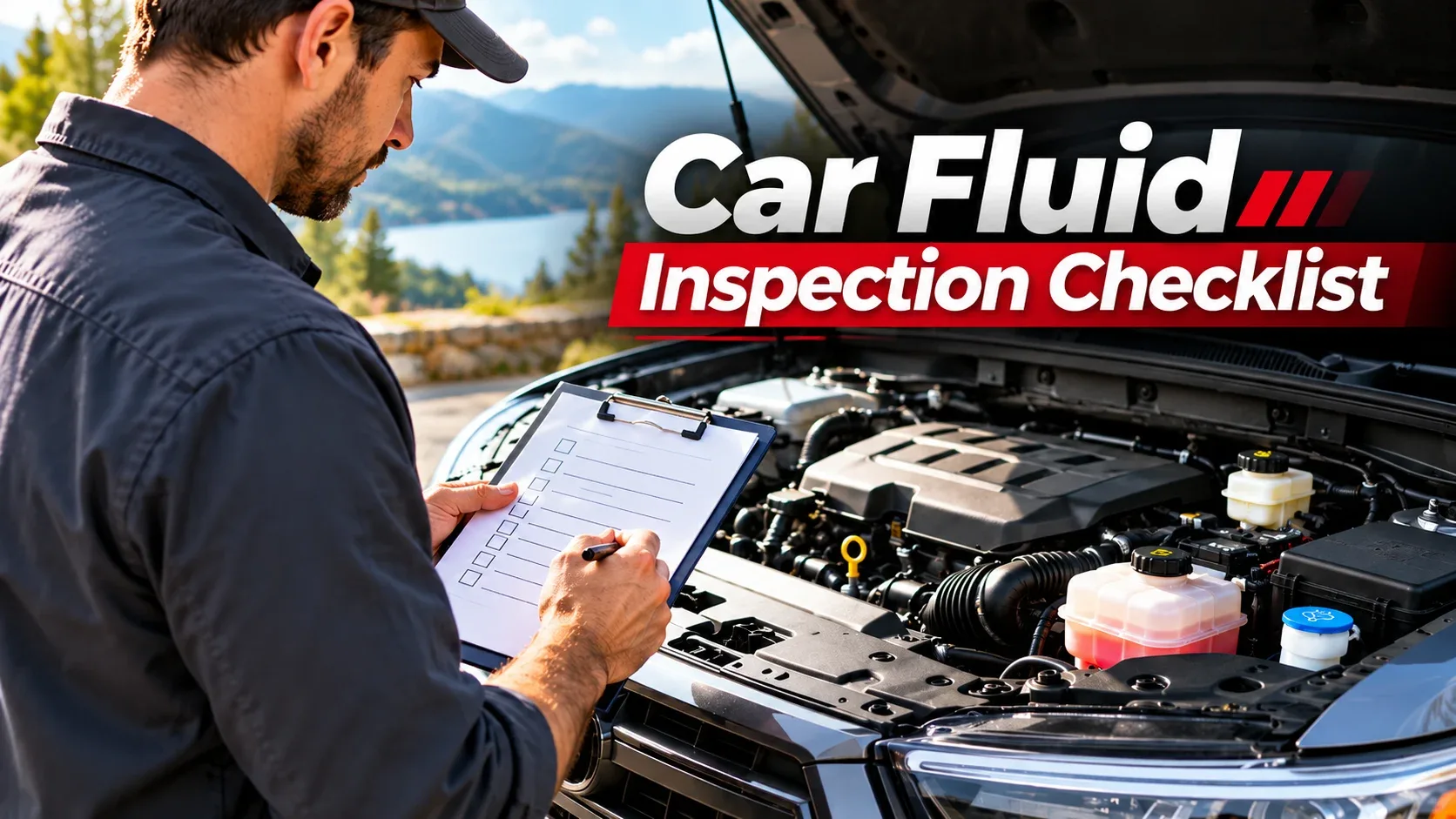 Driver using a car fluid inspection checklist beside an open engine hood