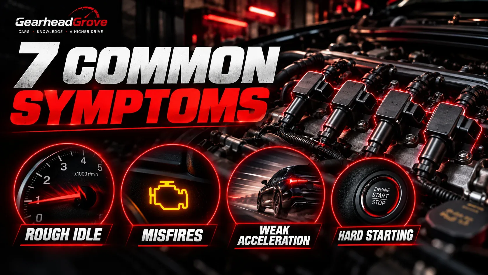 Seven common bad ignition coil symptoms including rough idle and engine misfires