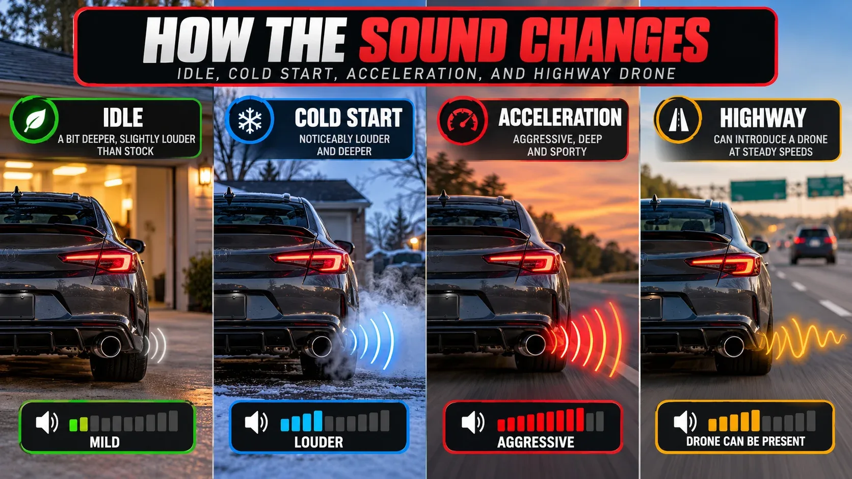 How resonator delete sound changes at idle cold start acceleration and highway driving