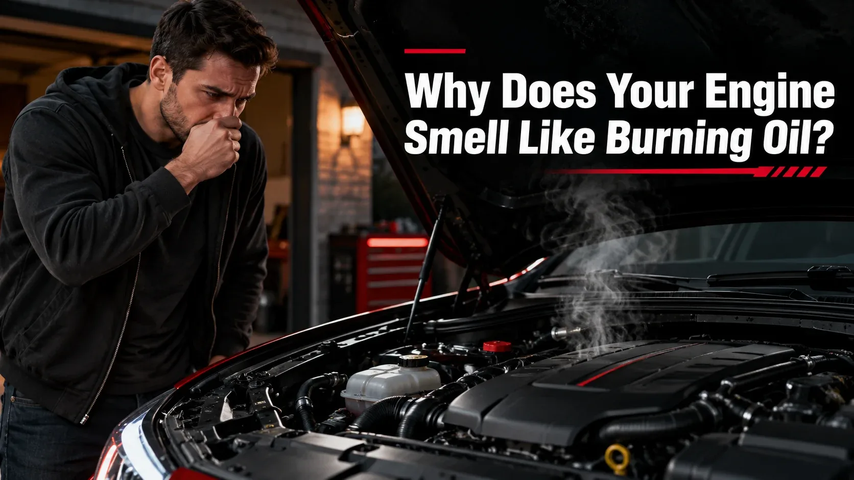 Burning oil smell from a car engine: driver examines the engine bay